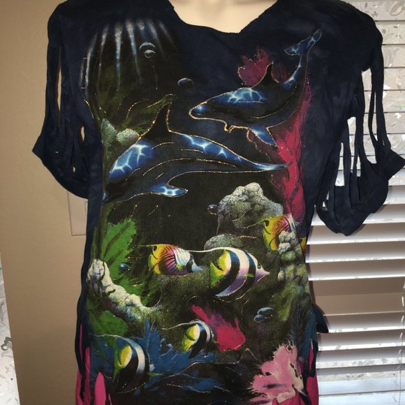 Aquatic Life Sparkled Mountain T Shirt - Whales, Fish Medium - Picture 2 of 2